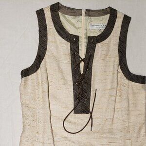 Trina Turk Sleeveless Dress Off White with Grey Trim and Front Ties Size 10